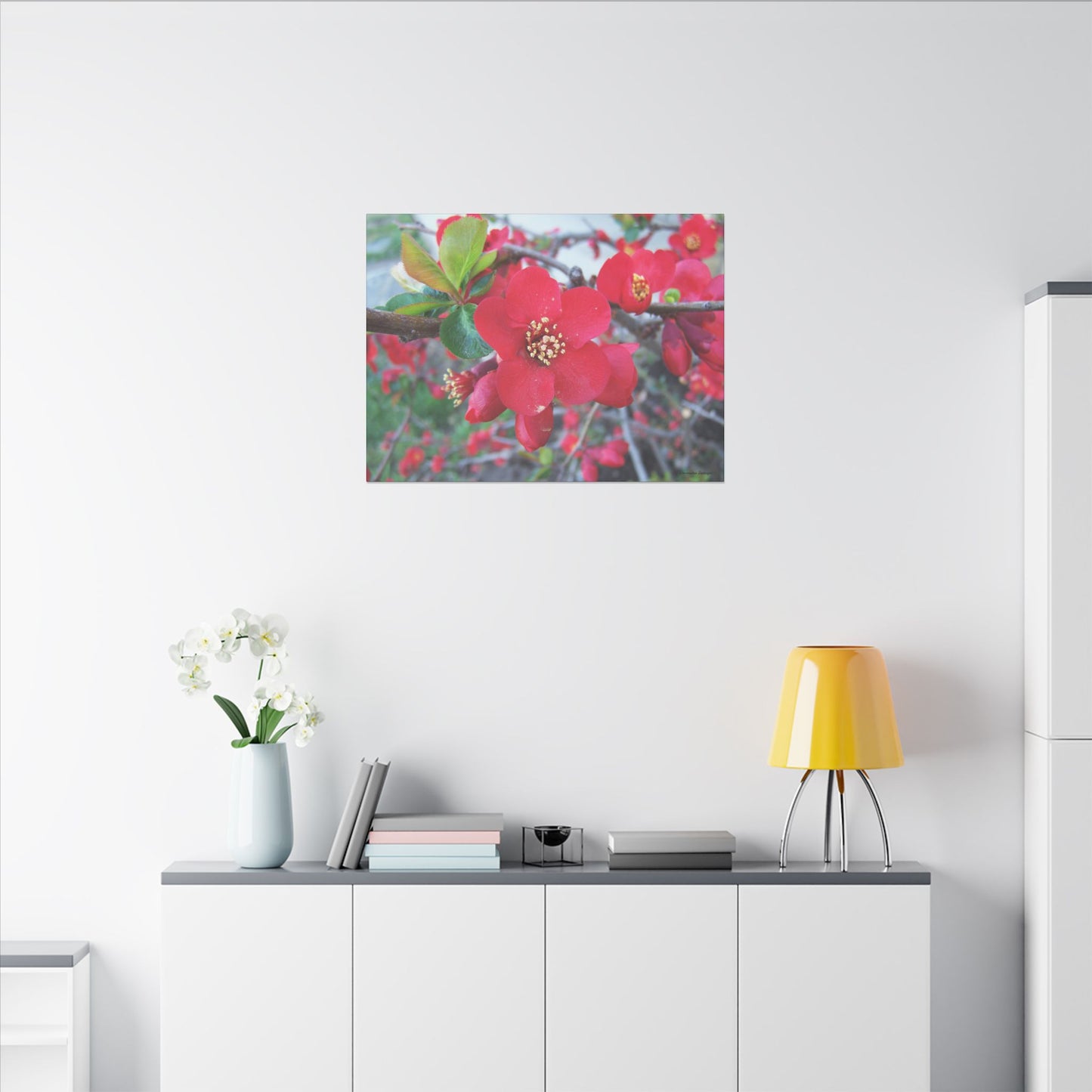 Herald of Spring Canvas Print - Red Flowering Quince, Garden Decor, Spring Prints
