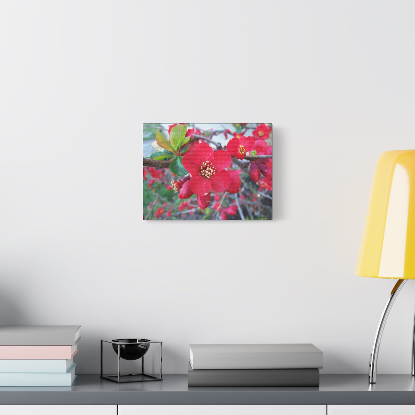 Herald of Spring Canvas Print - Red Flowering Quince, Garden Decor, Spring Prints
