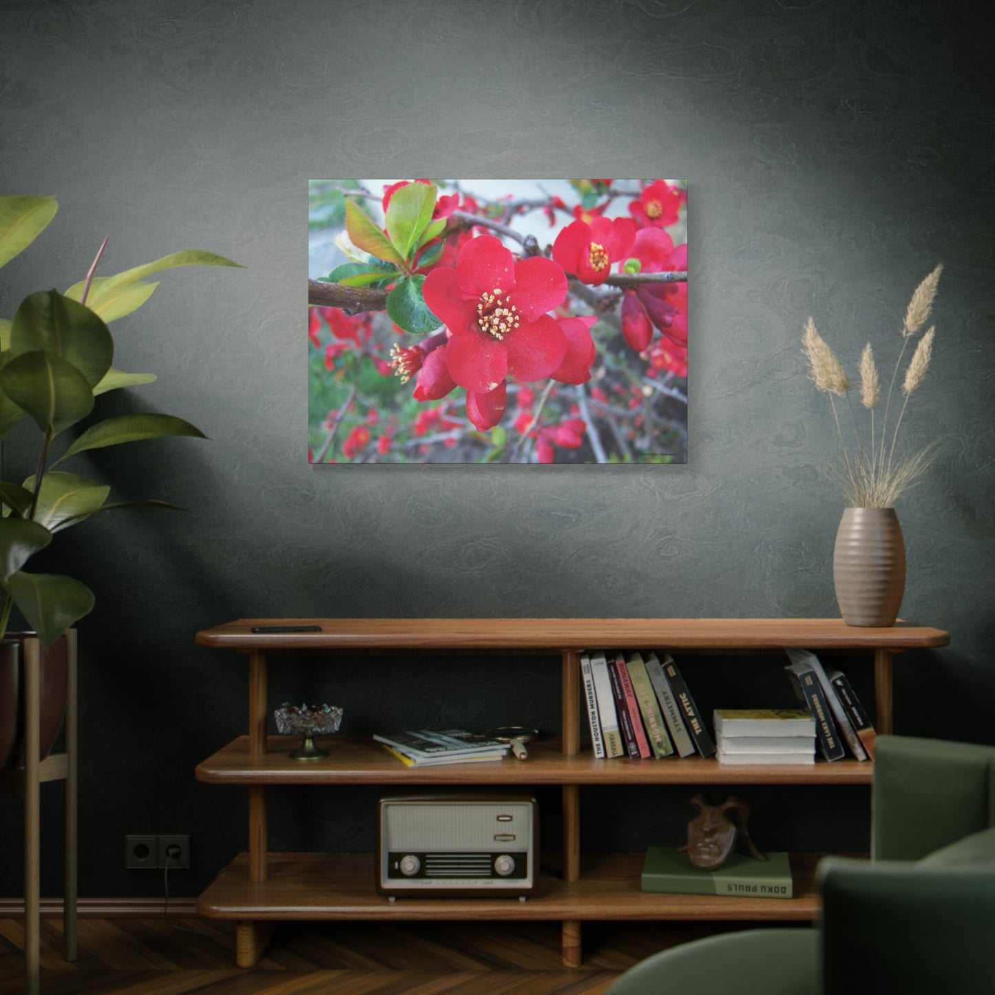 Herald of Spring Canvas Print - Red Flowering Quince, Garden Decor, Spring Prints