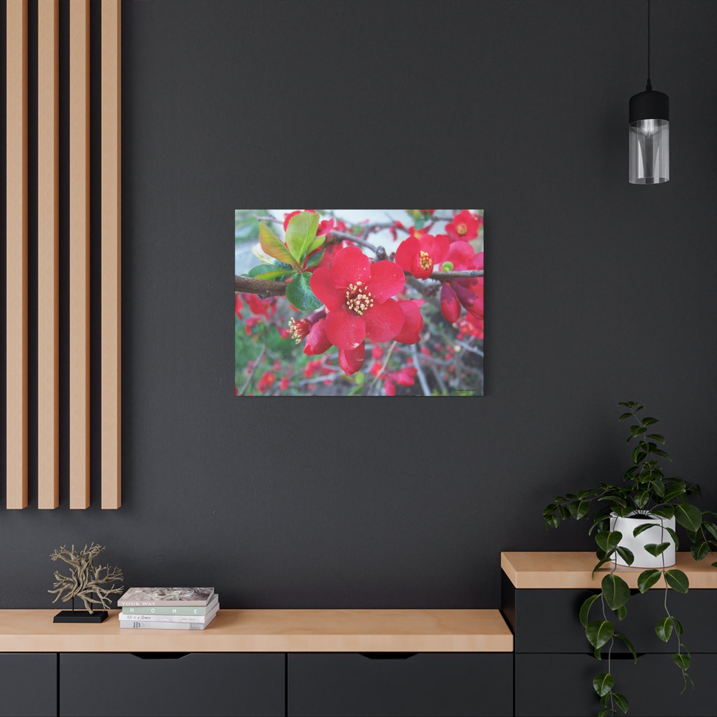 Herald of Spring Canvas Print - Red Flowering Quince, Garden Decor, Spring Prints